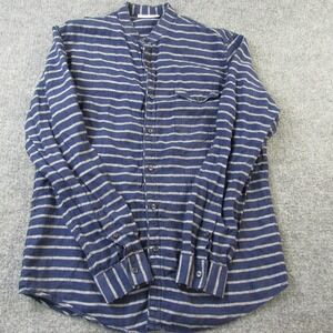 Murano Baird McNutt Linen Shirt Mens Large Blue Striped Band Collar Slim Fit‎